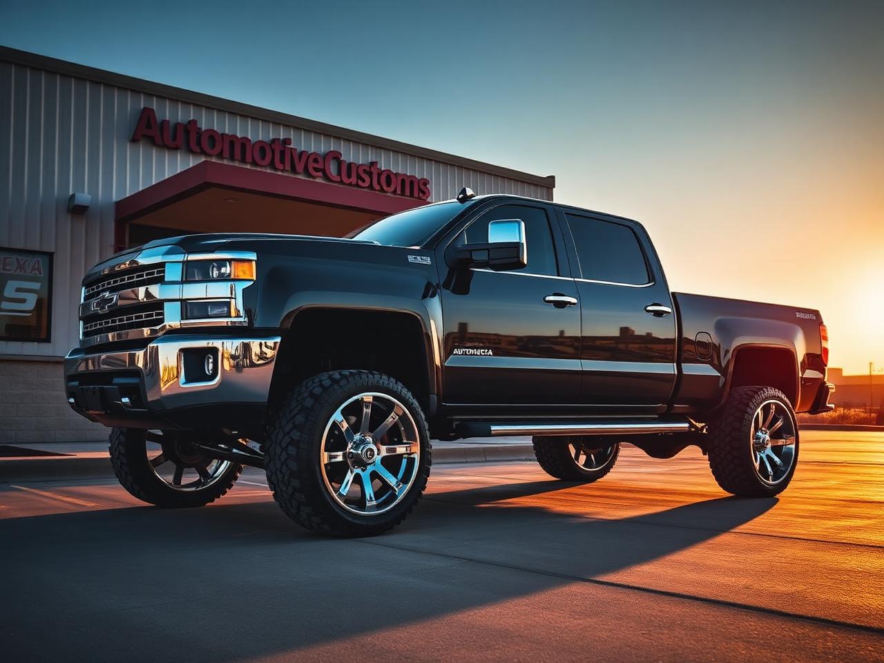 Custom lifted truck outside Redline Automotive shop
